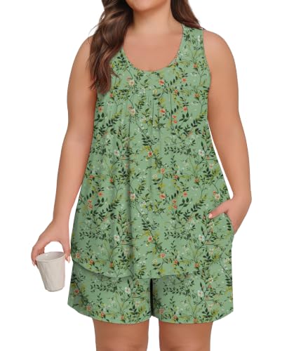 Lastshe Plus Size Pajama Set for Women Summer Sleeveless Tank Tops Shorts Pjs 2 Piece Soft Knit Loungewear Ladies Sleepwear,Green White Flower-2X