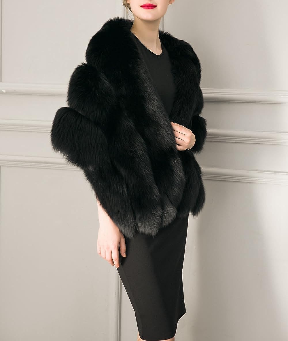UMREN Women's Luxury Party Faux Fox Fur Long Shawl Cloak Cape for Winter