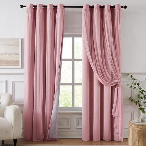 Swandream 100% Blackout Curtains for Bedroom Double Layer Pink Curtains Black Out Curtain 84 inch Long with Sheer Overlay for Living Room Room Darkening Window Drapes with Grommet 52 W x 84 L