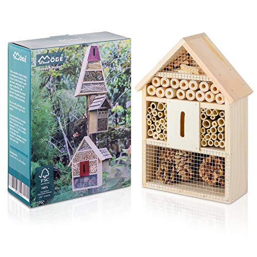 Möge Hotel de Insectos 21 x 9 x 30 CM (L x A x H Casa de Madera para Insectos y Abejas, Refugio de Madera Natural para Insectos, Hogar Mariquitas, Lacewings, Abejas y Mariposas