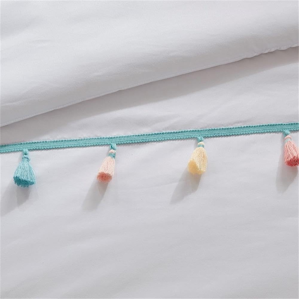 Pemberly Row Tassel Comforter Set with Heart-Shaped Pillow, Gentle Polyester, White Finish, Multi-Colored Tassels, Dustproof, Machine-Washable Kids Bedroom Bedding Set