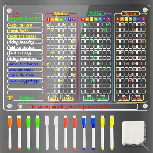 PigPotParty Acrylic Magnetic Chore Chart for Multiple Kids, 3-Kid Family,