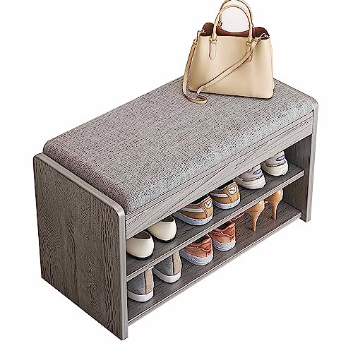 Banc à chaussures gris avec rangement et assise en tissu pour entrée