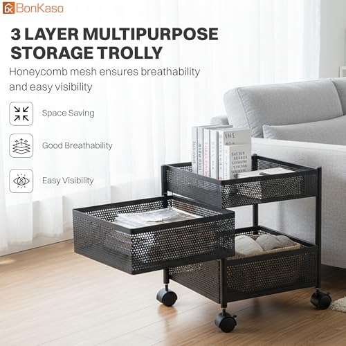 Image of BonKaso 3-Layer Multipurpose Kitchen Trolley with Swivel Storage Basket & 360 Rotating Wheels, Black Steel Frame, Easy Mobility, Space-Saving and Durable