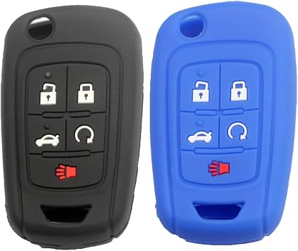 2pcs 5 Buttons Silicone Rubber Flip Key Fob Cover Case Protector Holder Compatible with Buick Allure Encore Lacrosse Regal Verano Black Blue