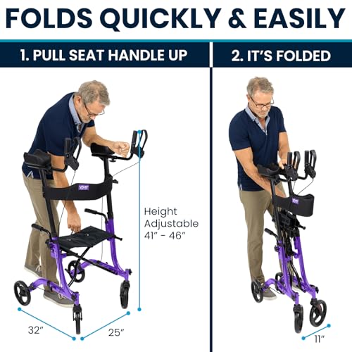 Vive Mobility Upright Walker with Seat - Stand Up Rollator, Arm Rests, Heavy Duty, Folding Medical Aid Scooter for Elderly, Seniors - Walking Assist, Foldable Transport Chair - 300 lb Capacity