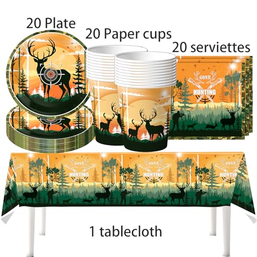 Jagd Camouflage Thema Partygeschirr, Partygeschirr einschließlich Teller, Tassen, Servietten, Tischdecken insgesamt 61 Stück, Geeignet für Eine Party von 20 Personen