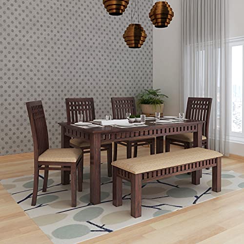 Ganpati Arts Solid Sheesham Wood 6 Seater Dining Table Set with 4 Cushion Chairs and 1 Bench for Dining Room Home Office Wooden Living Room Furniture (Walnut Finish)