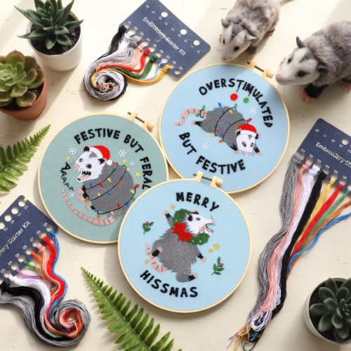 Image of Mindsoft 3 Set Needlepoint Kit for Beginners with Hoop,Christmas Possum