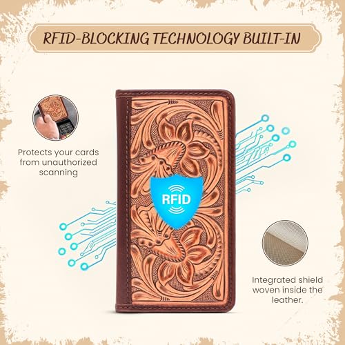 Image of Full-Grain Buffalo Leather Floral Tooled Long Bifold Wallet - Sleek RFID-Blocking Vertical Wallet - Men's Bifold Wallets w / 8 Slots, 2 Long Side Pockets, and Sleeve for Birthday, Christmas, and More