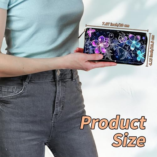 Women's RFID Blocking Wallet PU Leather Slim Bifold Wristlet Clutch with Large Capacity,16 Card Slots & Zipper Coin Purse Pocket Ladies Travel Purse Wristlet,Glowing Flower And Butterfly2