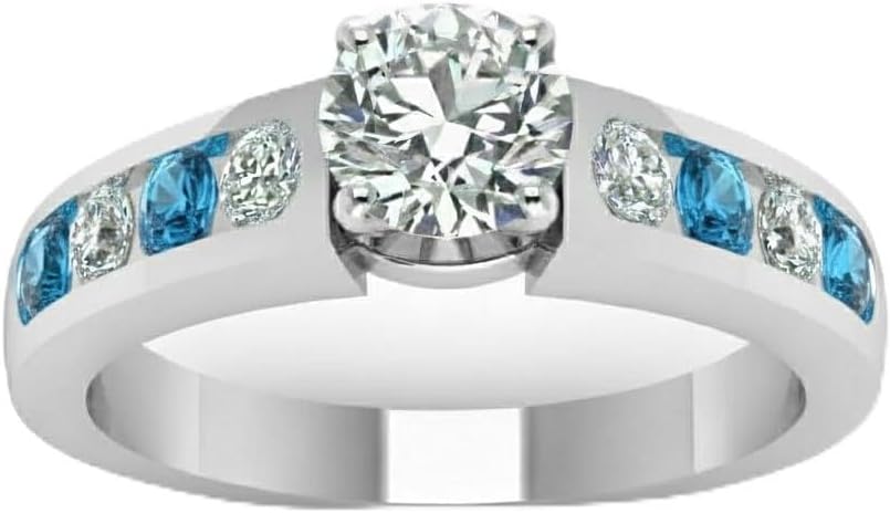 Choose Your Gemstone Channel Set Diamond CZ Ring Sterling Silver Round Shape Side Stone Engagement Rings Everyday Jewelry Wedding Jewelry Handmade Gifts for Wife US Size 4 to 12