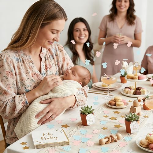 Image of BeYumi Baby Shower Table Confetti - 300Pcs Blue Pink Short-Sleeve Bodysuits Table Confetti Decorations Plaid Baby Outfit Scatter Paper Decor for Baby Girls Boys Gender Reveal Birthday Party Supplies