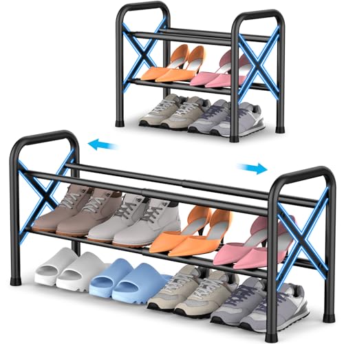 2-Tier Expandable Shoe Rack for Closet Floor, X-Frame Metal Small Shoe Rack for Entryway, Adjustable Shoe Shelf Organizer, Free Standing Shoe Racks for Front Door Entrance, Garage – Black