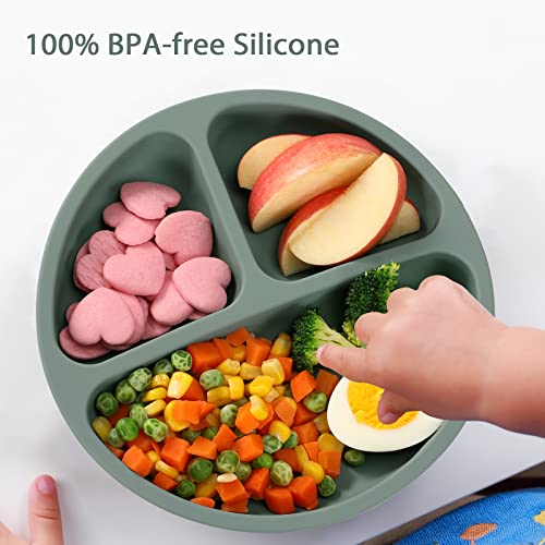 Vitever Suction Plate With Lid For Toddler, Baby & Kid, 100% Food-Grade Silicone, Divided Design, Microwave & Dishwasher Safe - Cambridge Blue #TOP4