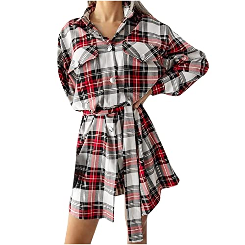 Damen Hemdkleid Kariert Blusenkleid Damen Elegant Frauen Freizeit Revers Shirts Kleid mit Knöpfe Winter Kleid Damen Kurz Wickelkleid