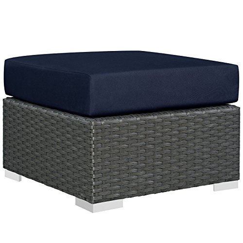 Modway Sojourn Wicker Rattan Outdoor Patio Sunbrella Fabric Ottoman in Canvas Navy
