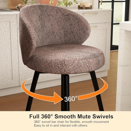 Image of 360 Swivel Modern Bar Stool Set of 3, 26 inch Upholstered Counter Height Bar Stools with Wingback, Soft Linen Fabric, Counter Chairs with Arm for Kitchen Island or Home Bar, Brown
