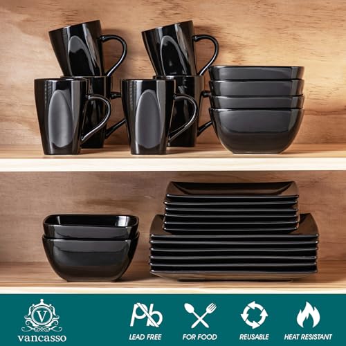 Image of vancasso Soho Dinnerware Sets 24 Pieces, Black Stoneware Square Place Setting, Dinner Plate, Cups and Plates Sets for Kitchen, Dish Set for 6