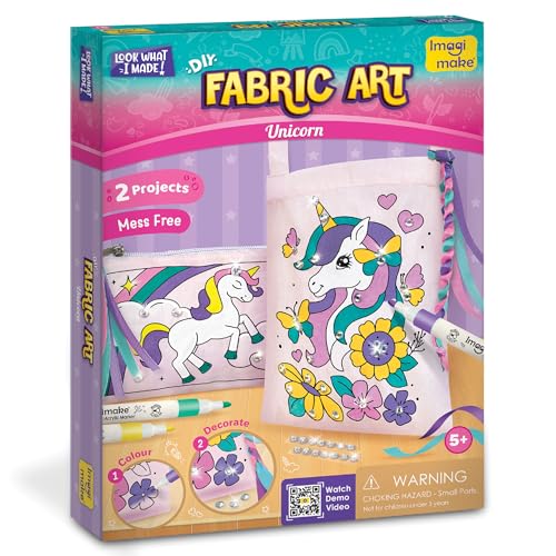 Image of Imagimake Fabric Art Unicorn | DIY Craft Kit for Girls Age 5+ | Fabric art kit: decorate 1 sling bag & 1 unicorn pouch with 5 acrylic markers, 40+ stones & ribbons; mess-free; girls 5+