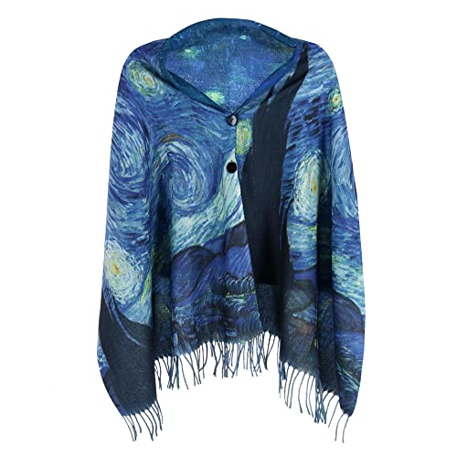 The Magic Scarf Company Women's Reversible Sueded Van Gogh Print Button Shawl, Blue, One Size2