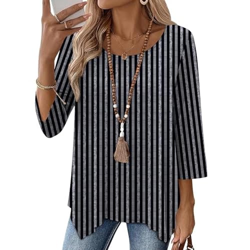 AKEWEI 3/4 Length Sleeve Womens Tunic Tops Loose Fit Blouses Dressy Casual Crew Neck Tees S-3XL Black White Stripes Large