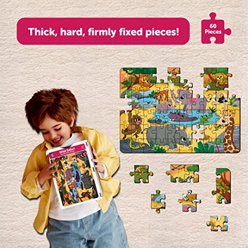 Image of Mini Leaves 60 Pieces Wooden Floor Puzzle for Kids & Adults | Wild Safari Animals Jigsaw | Fun & Challenging Game - Gift With Wooden Box