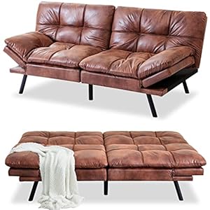 MUUEGM Futon Sofa Bed Memory Foam Futon Couch Bed Sofa Sleeper,Modern Convertible Faux Leather Futon for Living Room,Small Love seat for Apartment Office,w/Adjustable Armrests Backrest,Brown
