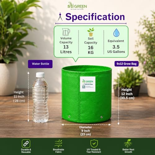 Image of HDPE Grow Bags for Plants 9X12 Inch (Pack of 4) | 260 GSM Heavy Duty UV-Protected Round Green Colour Plant Bags for Terrace and Vegetable Gardening | Strong & Reusable|