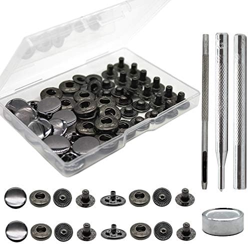 12 Sets Heavy Duty Leather Snap Fasteners Kit, 15mm Metal Snap Buttons Kit Press Studs with 4 Install Tools, Leather Rivets and Snaps for Clothing, Leather, Jeans, Jackets, Bracelets, Bags (Black)