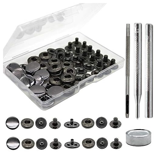 12 Sets Heavy Duty Leather Snap Fasteners Kit, 15mm Metal Snap Buttons Kit Press Studs with 4 Install Tools, Leather Rivets and Snaps for Clothing, Leather, Jeans, Jackets, Bracelets, Bags (Black)