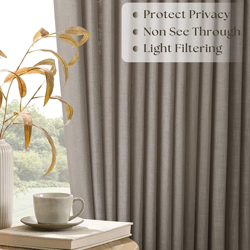 Image of 96 Inch Curtains 50 Inch Width Pinch Pleated Taupe 1 Panel Semi Sheer | Memory Training Shaped, Non See Through, Light Filtering, Hooks Rings, Back Tab, for Living Room, Bedroom, Greige, 50x96