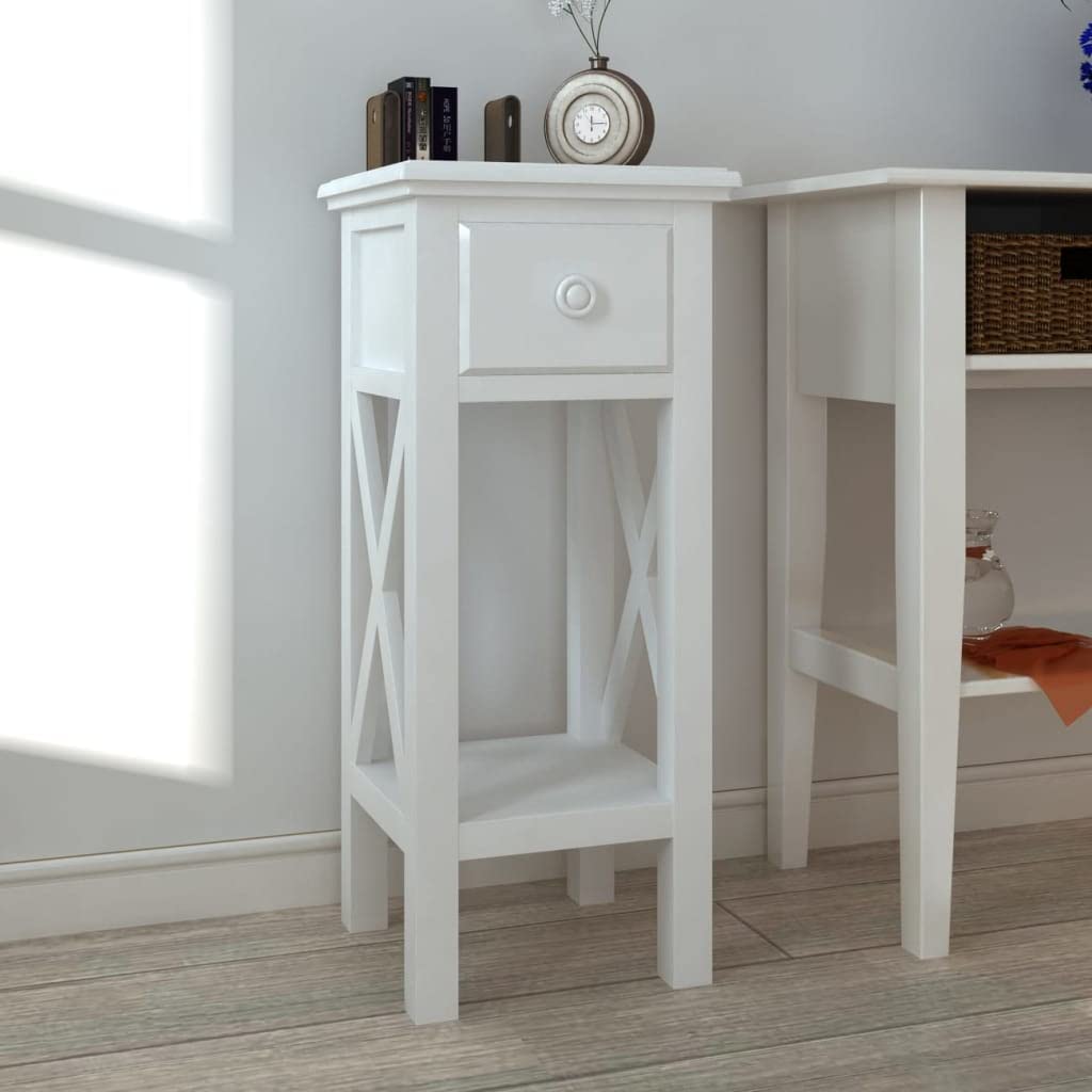 SXZenSpace Small Side Table White with Drawer, 27 x 65.5 cm Pinewood MDF End Table, Modern Bedside Nightstand for Living Room Corridor Bedroom