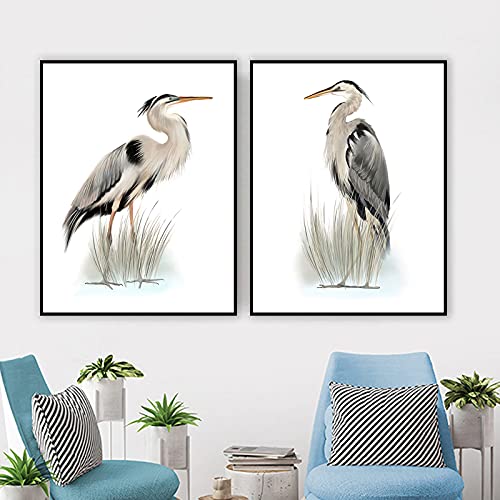 Paintings On Canvas Wall Art Grey Heron Bird Wall Art Vintage Posters And Prints Artwork Pictures Grey Heron Bird Wall Art Canvas Print Poster For Bedroom Living Room Home Decorations Unframed (16X24Inchx2 Unframed) #TOP3