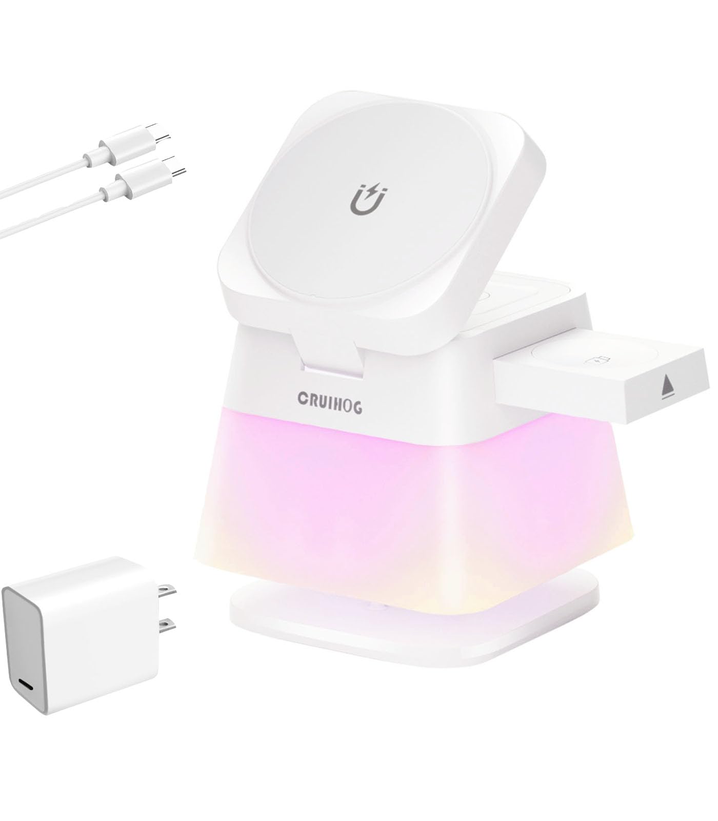 CRUIHOG 4 in 1 15W Charging Station for Apple, Magnetic Wireless Charger Stand [Colorful Night Light], Rotatable Charger Station for iPhone 17/16/15/14/13, Apple Watch, AirPods(Adapter Included)