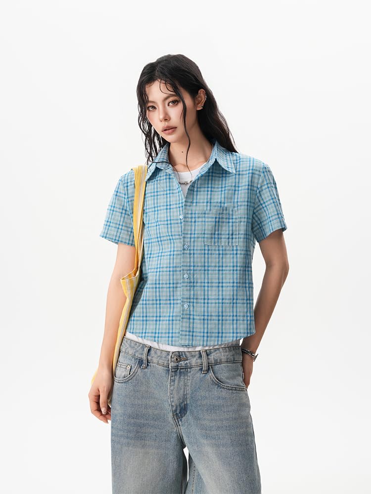 Chemise Femme à Carreaux Vintage, Manches Courtes, Slim