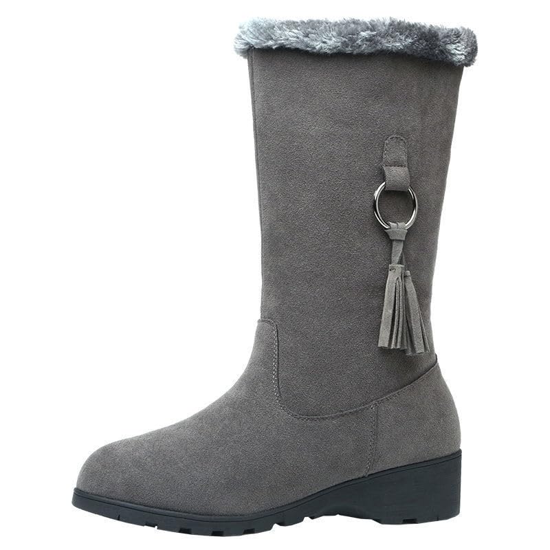 Womens Winter Fashion Mid-Calf Snow Boots Warm Faux Fur-Lined Non-slip Side Zip Suede Leather Tall Boots