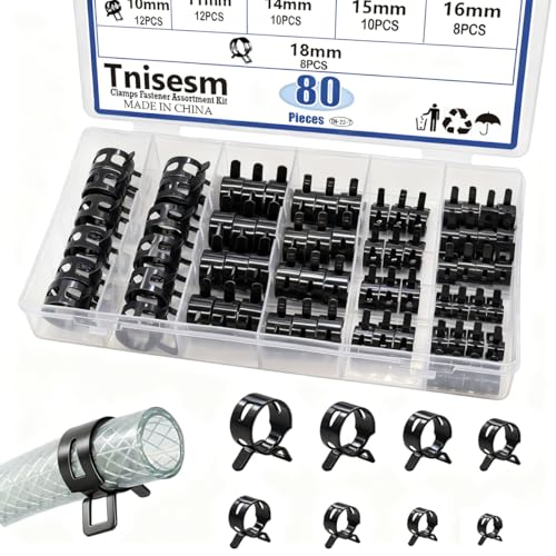 Tnisesm 80Pcs Spring Band Hose Clamps Assortment kits Silicone Vacuum Hose Pipe Clamp 7mm 9mm 10mm 11mm 14mm 15mm 16mm 18mm Low Pressure Air Clip Clamp(Black)