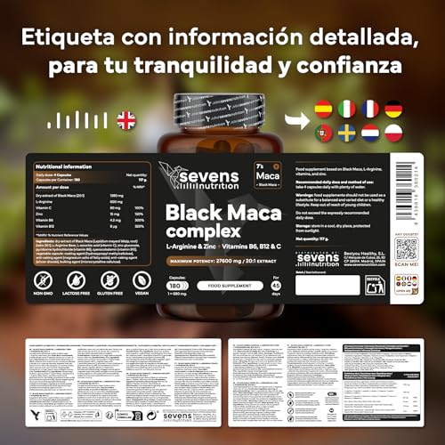 Miniatura 7 de Maca Negra Peruana Black Maca Complex 20:1 Con L-Arginina, Zinc Y Vitaminas B6, B12 Y C Cápsulas De Maca Negra Andina Para Energía Y Vitalidad 180 Cápsulas Vegano Sevens Nutrition