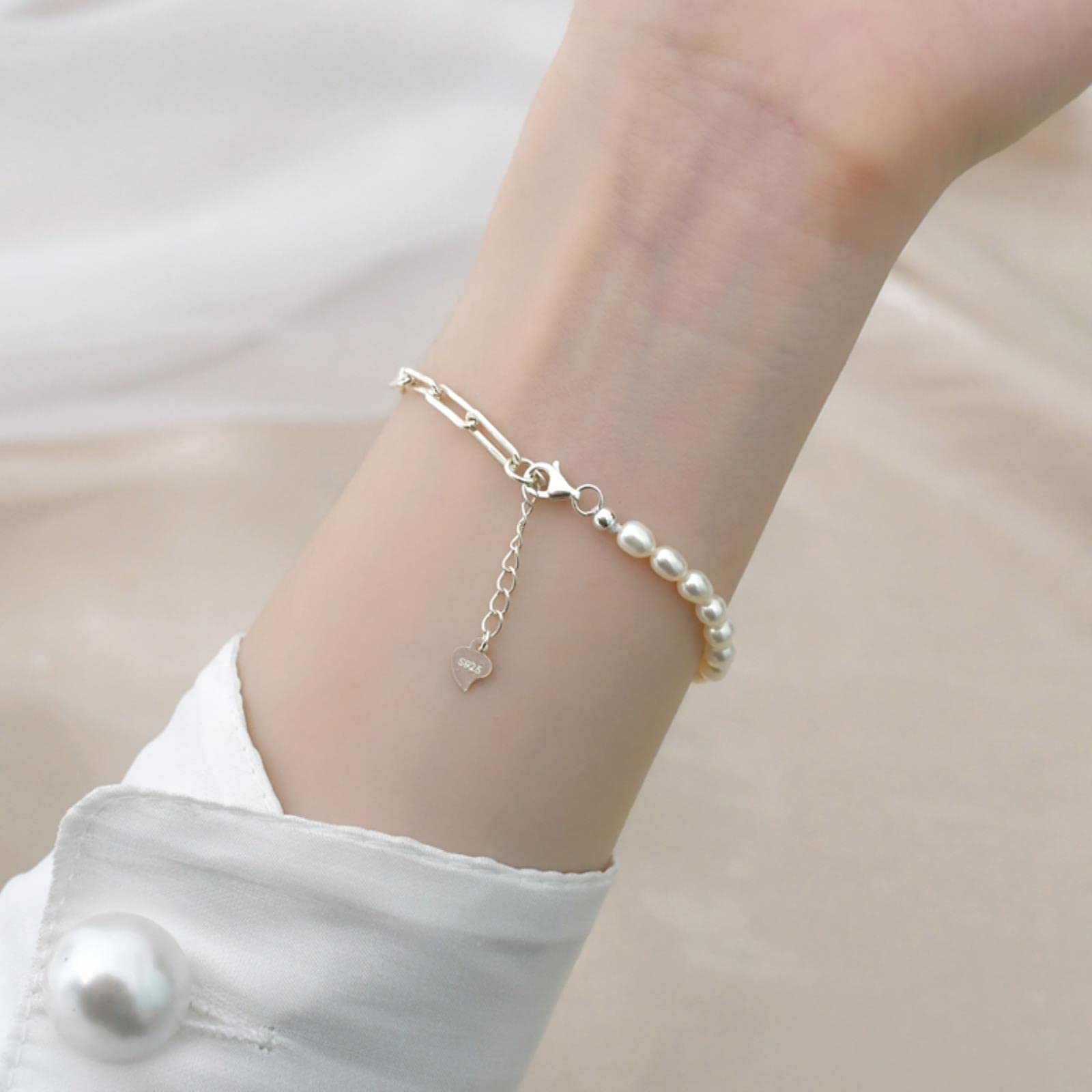 LOKILOKI Pulsera De Costura De Plata De Ley 925 con Perlas Naturales De Agua Dulce para Mujer