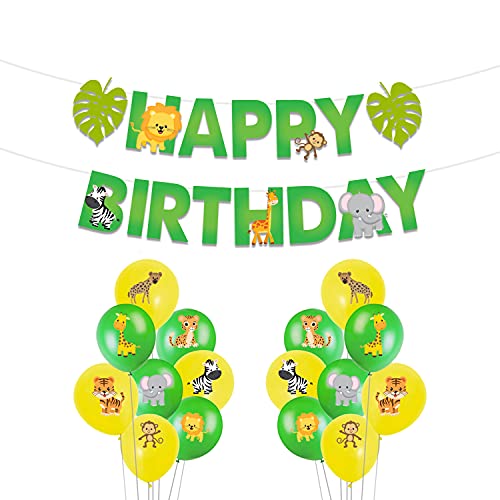 Festiko® Jungle Theme Happy Birthday Party Decoration Combo,Jungle/Safari Themes Party Favors for Kids/1st Birthday Decoration(Birthday Banner, Balloons with Multi Purpose Cutourts)