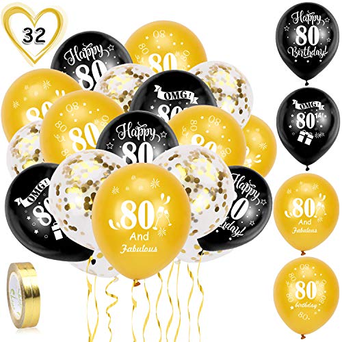 HOWAF Globos de cumpleaños, 30 Piezas 80 años cumpleaños Globos de Latex, Negro y Oro Globos de Confeti y 2 Cintas para Hombres y Mujeres Fiestas de 80 cumpleaños decoración Suministros