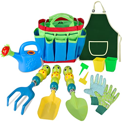 kids gardening tools - Kids Gardening Tools Set - 12 PCS Colorful Metal Garden Tools Set for Children Include Child Safe Rake Shovel with Cute Handle Design Gardening Kit Outdoor Toys Gift for Kid Age 3 4 5 6 7 8 (Green)