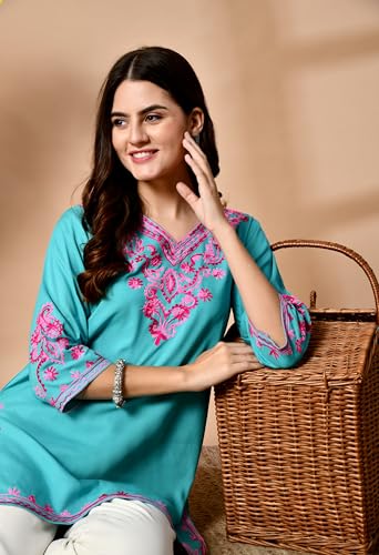 Image of LIBOZA Embroidered Kashmiri Tunic Top, Short Kurti for Women on Jeans, V-Neck, 3 /4 Sleeve, Floral Design,