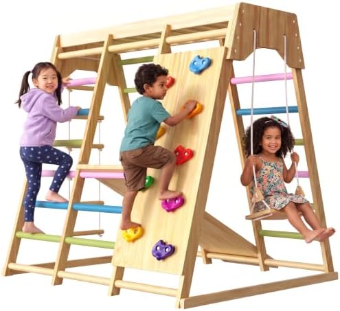 Avenlur Magnolia Indoor Playground 7-in-1 Jungle Gym Playset for Kids 2-6yrs – Slide, Climbing Wall, Rope Wall Climber, Monkey Bars, Swing – Waldorf and Montessori Style Wooden Climb Set. USA Company.