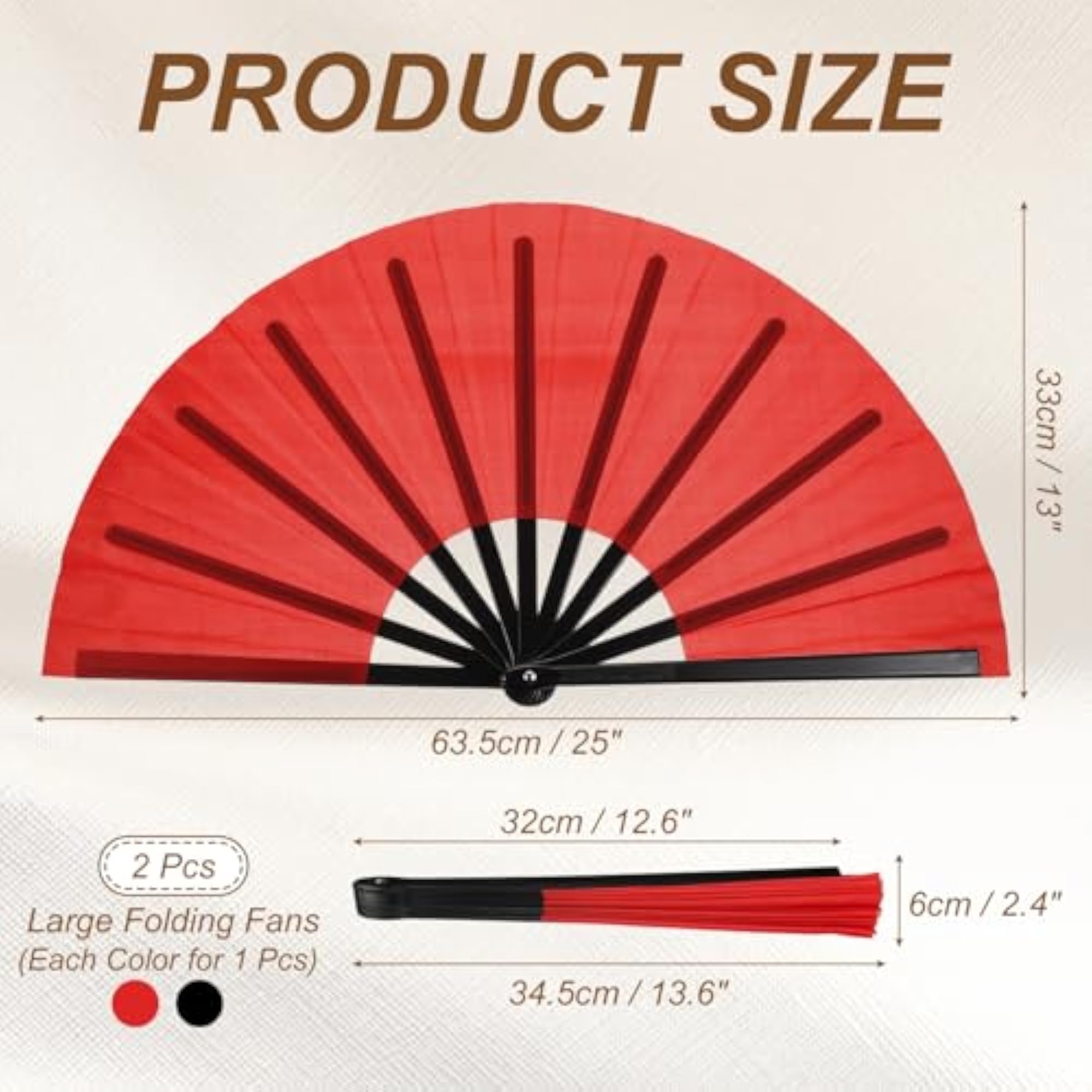 Large Decorative Handheld Folding Fan, Black & Red, 2Pcs