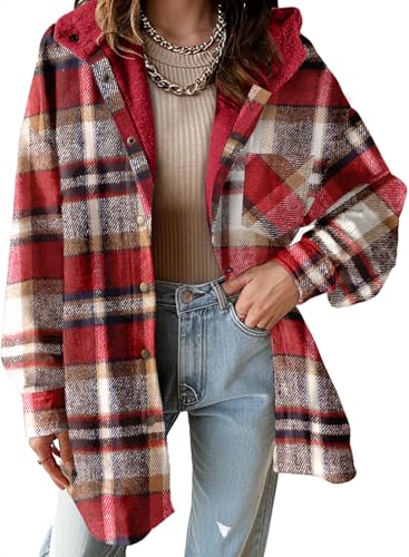 Image of Dokotoo Winter Coats for Women Flannel Shirt Shackets 2025 Sherpa Fleece Jackets Hooded Clothes Outfits Oversized Boyfriend Shirt Fleece Jacket 2025 Fall Fashion Button down Coat Flannel Shacket