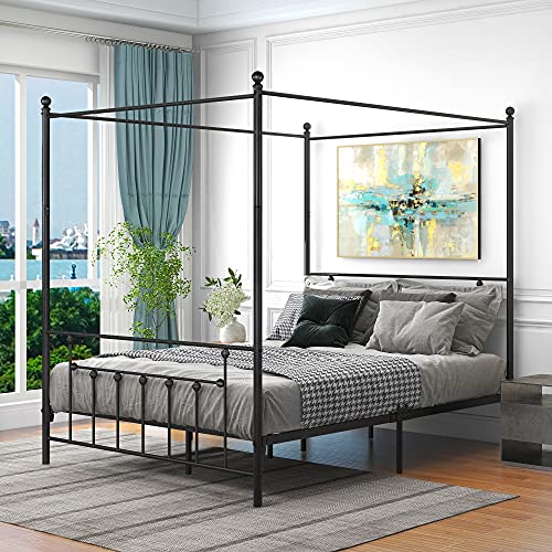 Elegant Home Products Black Metal Canopy Platform Bed Frame Mattress Foundation with Steel Slat Support No Box Spring Needed Easy Assembly, Queen