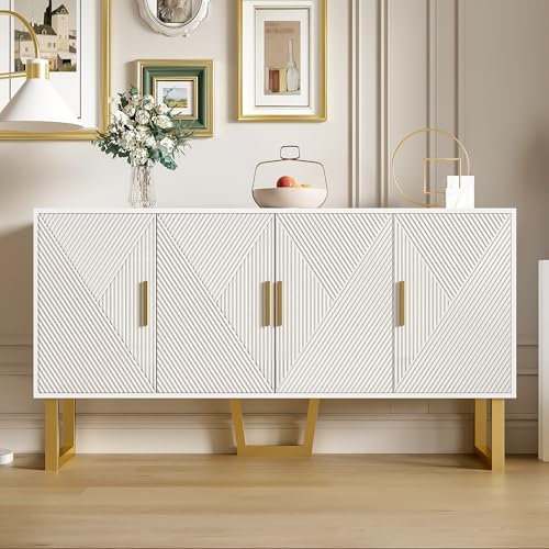 BLUON HOME Aparador de 150 cm con 4 puertas y estructura brillante, asas de metal dorado y patas, armario de buffet alto, armario de salón, color blanco