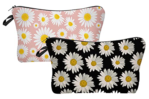 2 Pcs Cosmetic Bag for Women Small Make Up Bag Waterproof Travel Toiletries Pouch with Zipper for Organizing Small Items, Gift Bags for Birthday Christmas(Daisy Flower 1)
